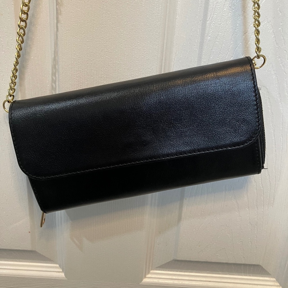 Divina Firenze Black Leather Hand Bag with Gold Tone Chain- Italian made